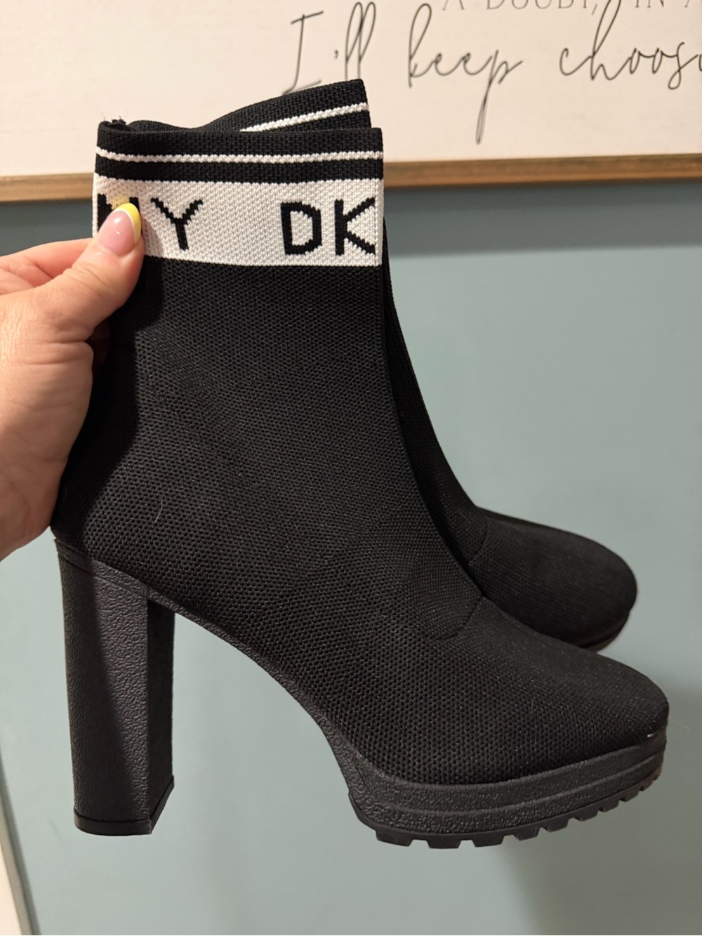 DKNYC Black Knit Sock Booties with White Logo Cuff